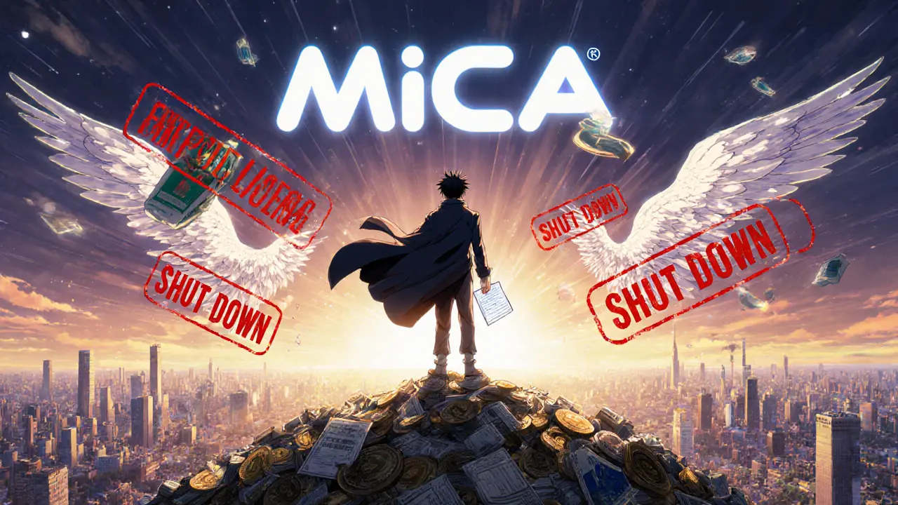 A CEO stands on a pile of old licenses as licensed firms soar across the EU map, with red shutdown stamps erasing unlicensed businesses below.