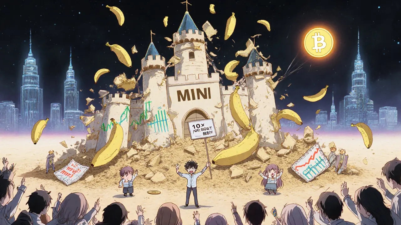 A crumbling banana-peel castle labeled MINI collapsing as traders scatter into the void.