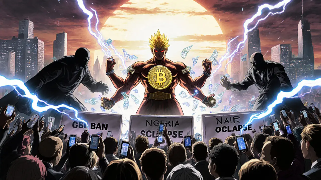 A crypto warrior battling inflation and bank control under a rising digital dawn.