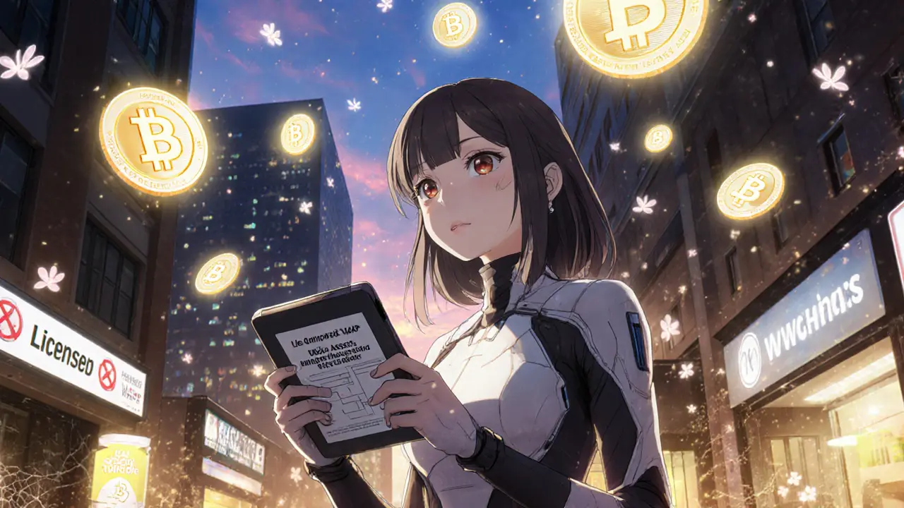 A developer watches floating digital tokens above a glowing city, symbolizing Georgia&#039;s 2026 crypto expansion.