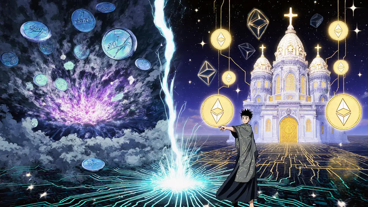 A digital battlefield splits into two worlds: one collapsing with meme tokens, the other serene with staking orbs connected to a celestial Ethereum node.