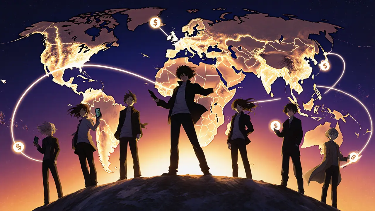 A global network of WiFi hotspots connecting users across continents, shown as glowing lines on a map with diverse characters.