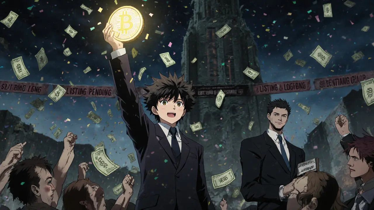 A hero holding a single DSG token as empty banners and crumbling exchanges fade behind them.