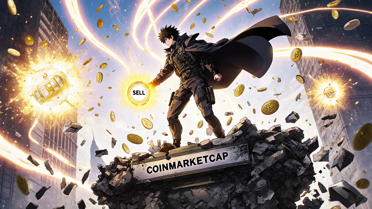 A hero throws a &#039;SELL&#039; button into a vortex of falling AFT tokens as fake exchanges fade.