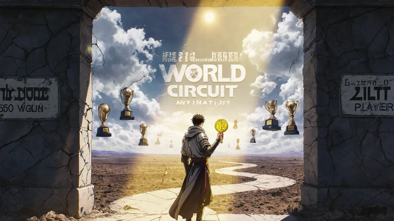 A knight holding a LITT token before a broken gate labeled &#039;Liquidity,&#039; with a distant path leading to tournament trophies.