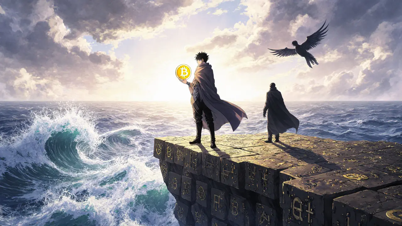 A lone figure on a blockchain cliff overlooking a tidal wave of crypto volume, holding a glowing LEO token.