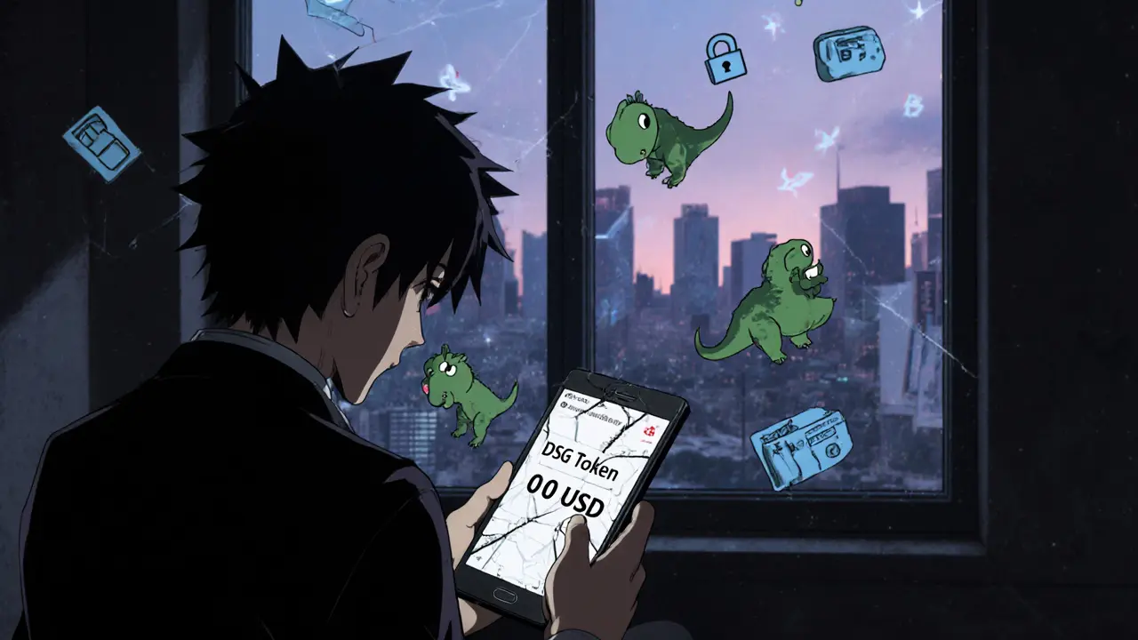 A lonely figure staring at a zero-value DSG token on a cracked phone, surrounded by fading NFTs.