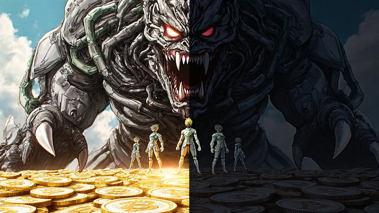 A monstrous 51% attack entity towers over a fragile blockchain, while heroes stand on confirmations to resist its rewrite.