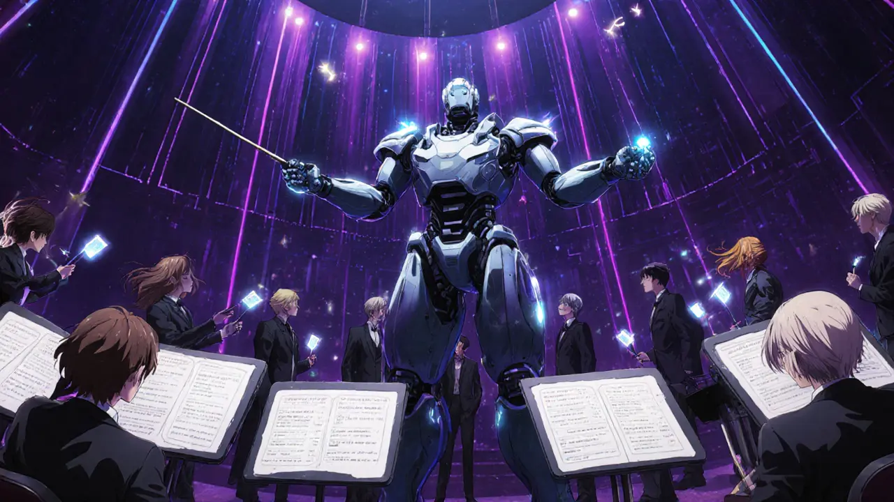 A robotic conductor leads a symphony of assets, with bankers watching tokenized bonds flow into DeFi.