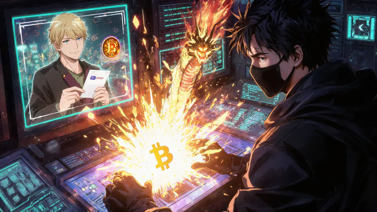 A secret miner releases a hidden block that erases a merchant’s confirmed Bitcoin transaction in a fiery blockchain explosion.