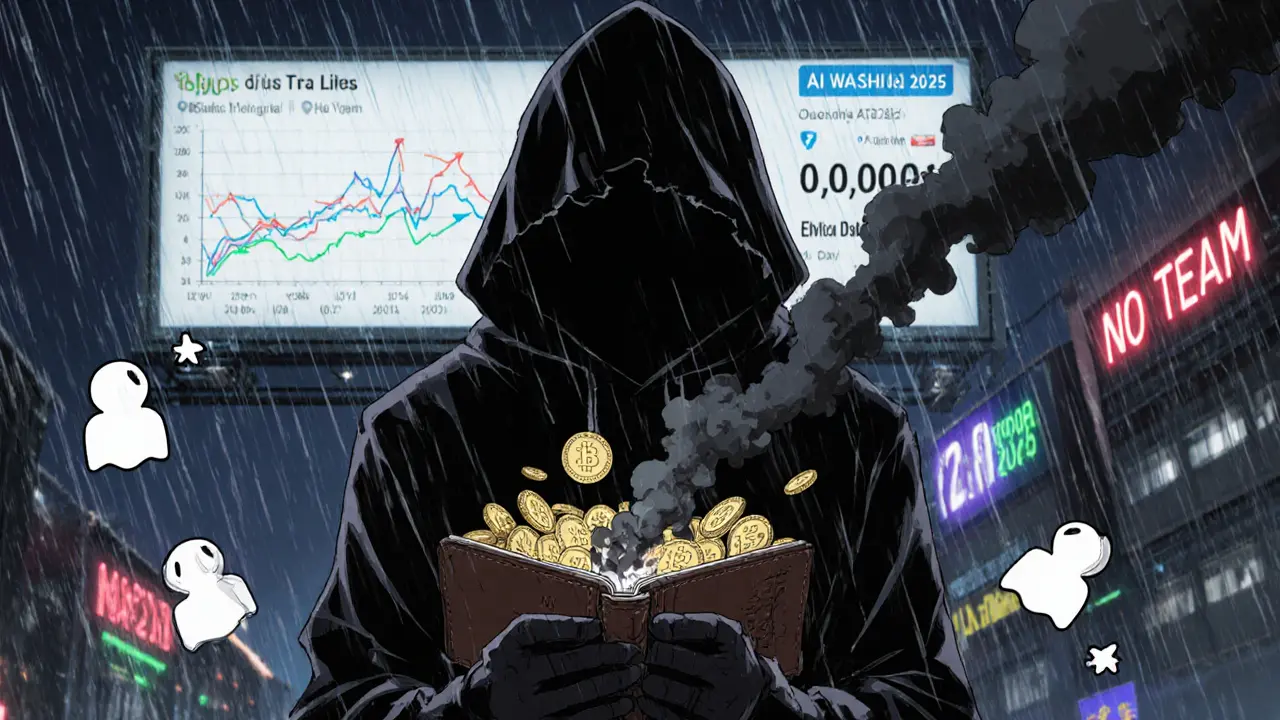 A shadowy figure watches AFT tokens melt into smoke amid ghostly social media feeds.