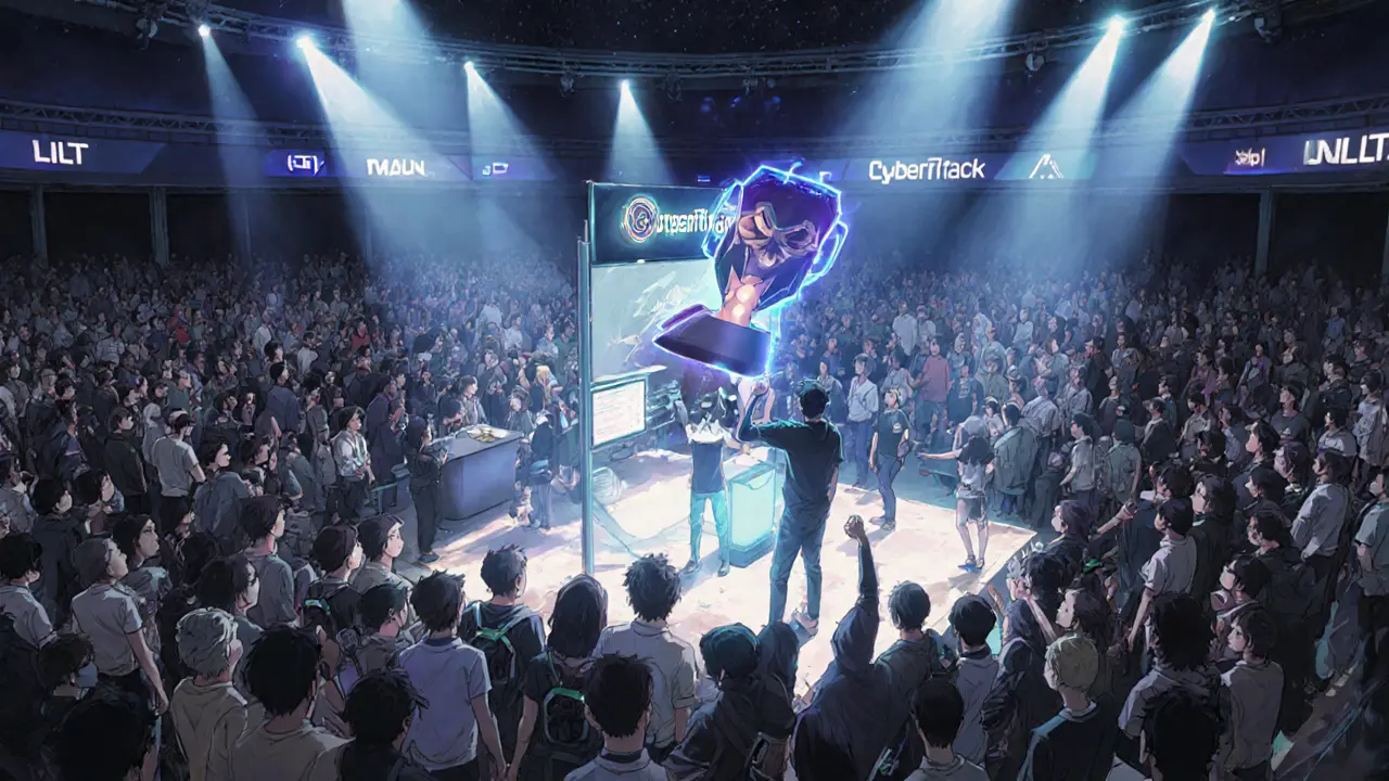 A small CyberTitans booth at DreamHack surrounded by thousands of unaware attendees, one player celebrating a tournament win.