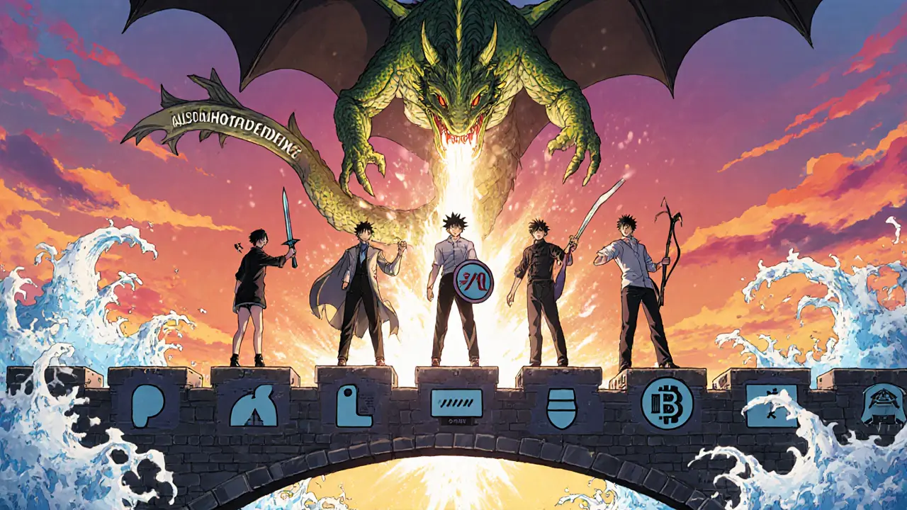 A team of creators crossing a bridge of income streams, defeating a dragon labeled &#039;Platform Dependence&#039;.