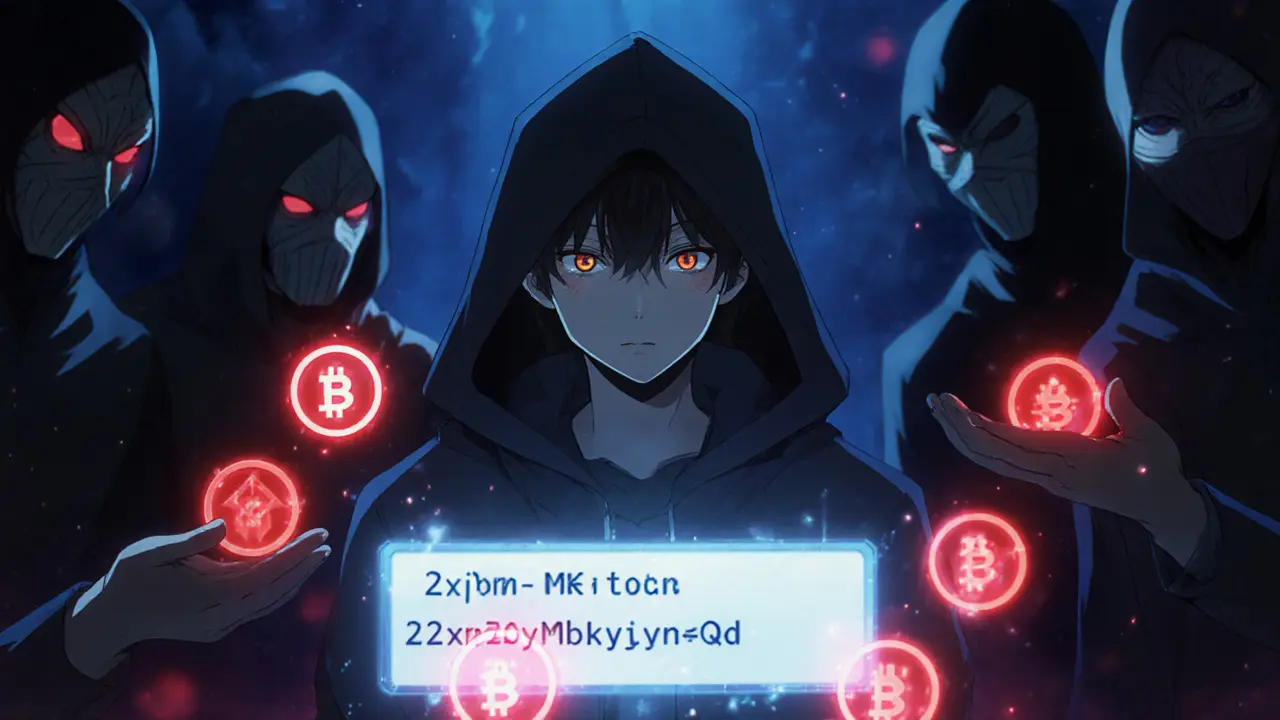 A teen hero verifying a MINI token contract address while shadowy figures offer fake tokens.