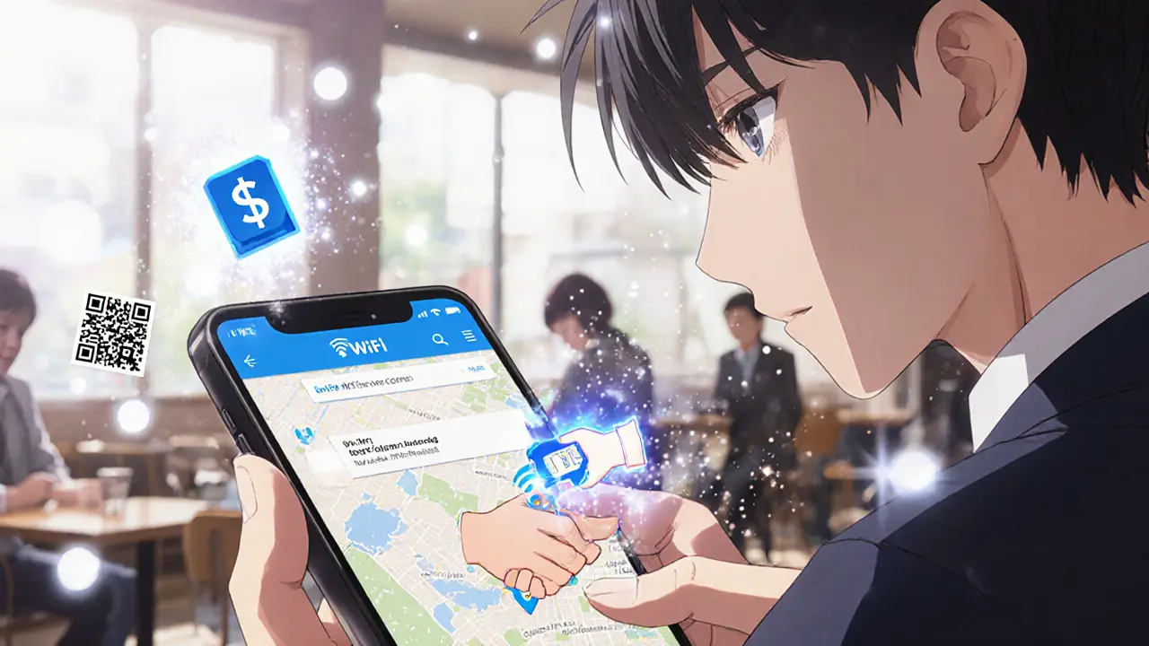 A user tipping a WiFi token to another person through a smartphone screen, with eSIM icons and café background.