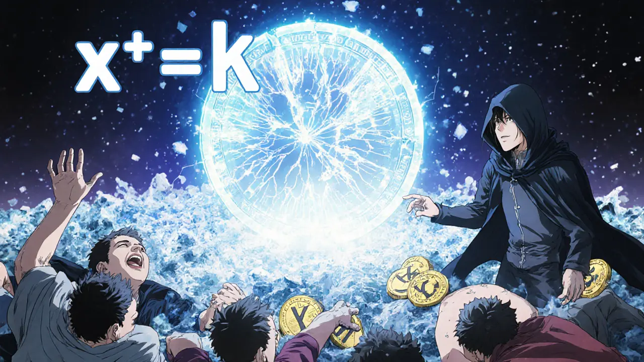 A villain drains a liquidity pool after a meme coin crashes, leaving hopeful providers in despair as stablecoins are stolen.