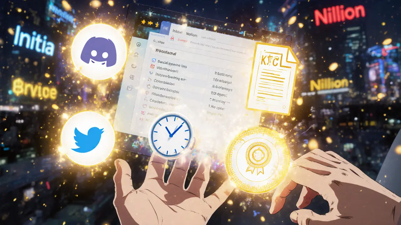 A wallet interface with glowing tasks like KYC and staking, surrounded by legit project names in radiant light.