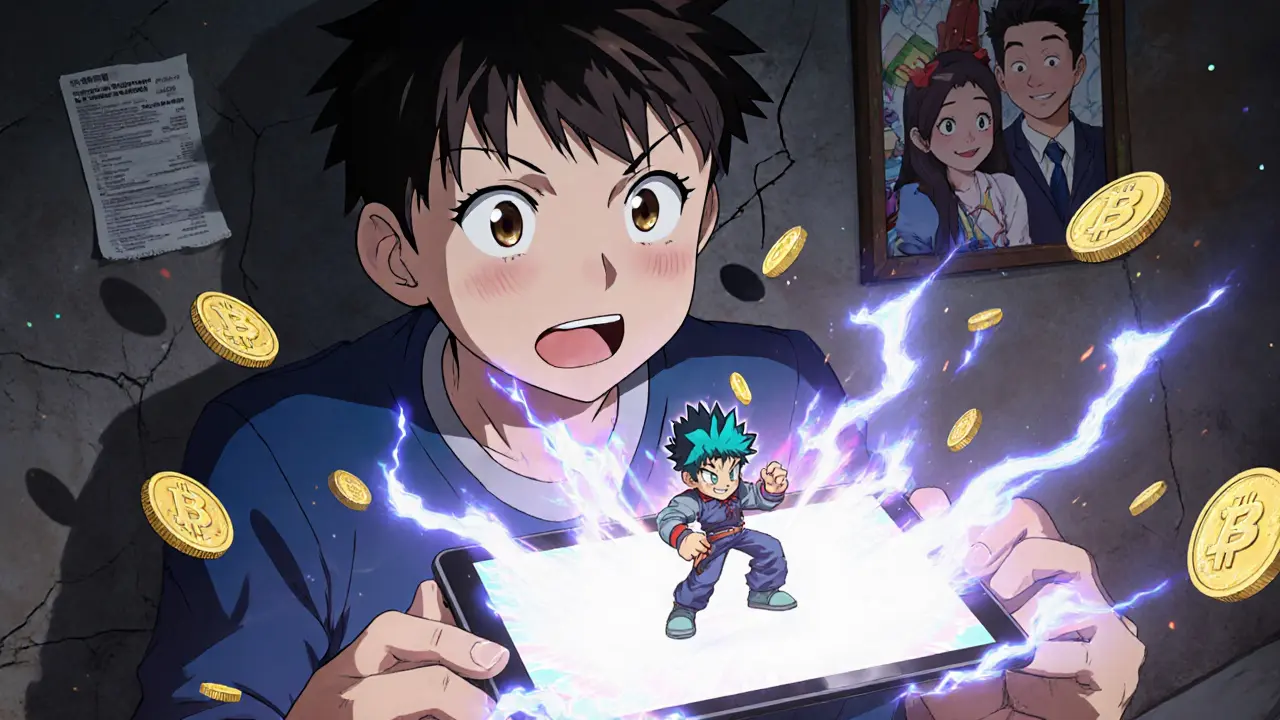 A young player in a simple room controls a battle avatar on a tablet as digital coins fall beside family photos.