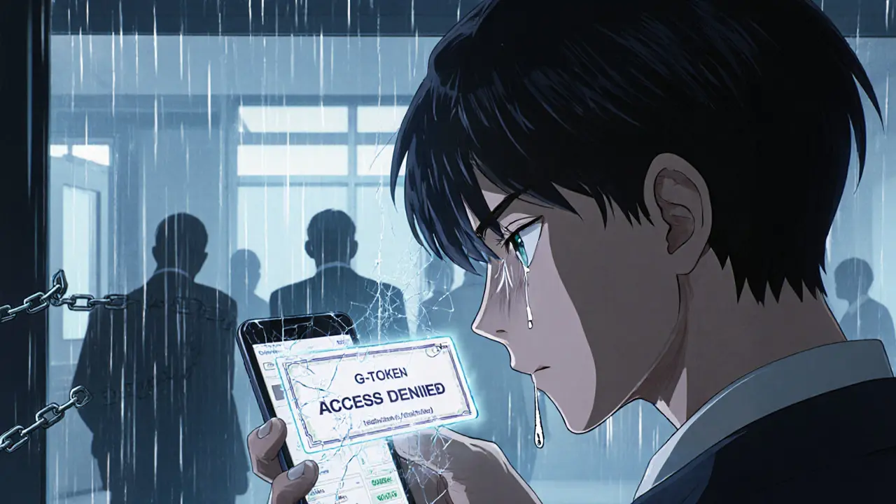 A young Thai trader stares at a frozen wallet, tears reflecting a glowing government digital bond.