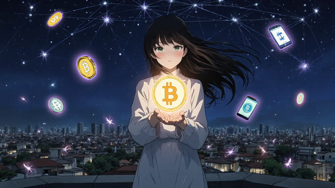 A young woman on a rooftop holding a glowing Bitcoin as digital coins float around her.