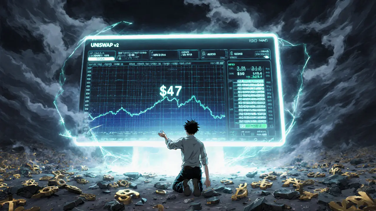 An empty Uniswap v2 terminal glows in a desolate digital landscape with a tiny  trade flashing amid fallen crypto symbols.