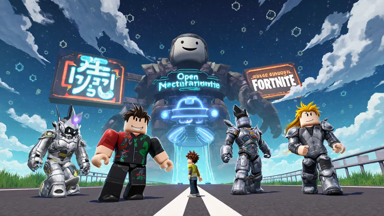 Avatars from different games travel together on a glowing highway through a shared metaverse with AI shopkeeper.