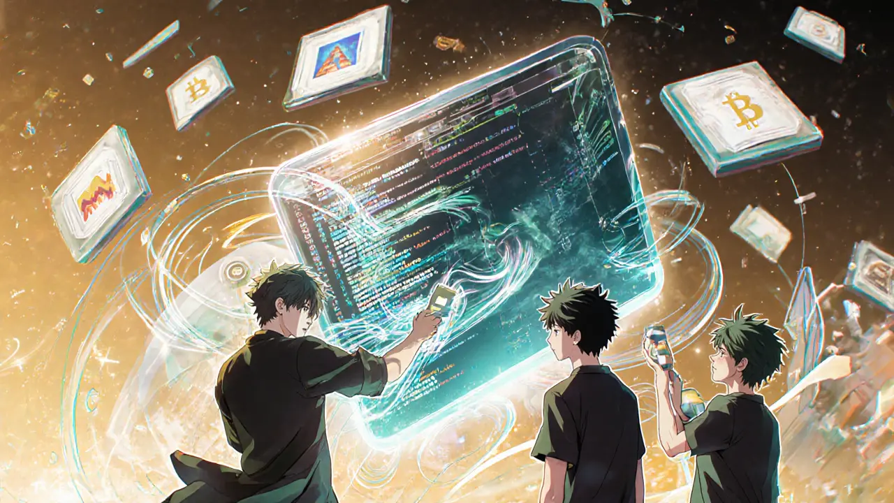 Characters use a floating AI IDE to create smart contracts with visual blocks, while encrypted data streams from wallets.