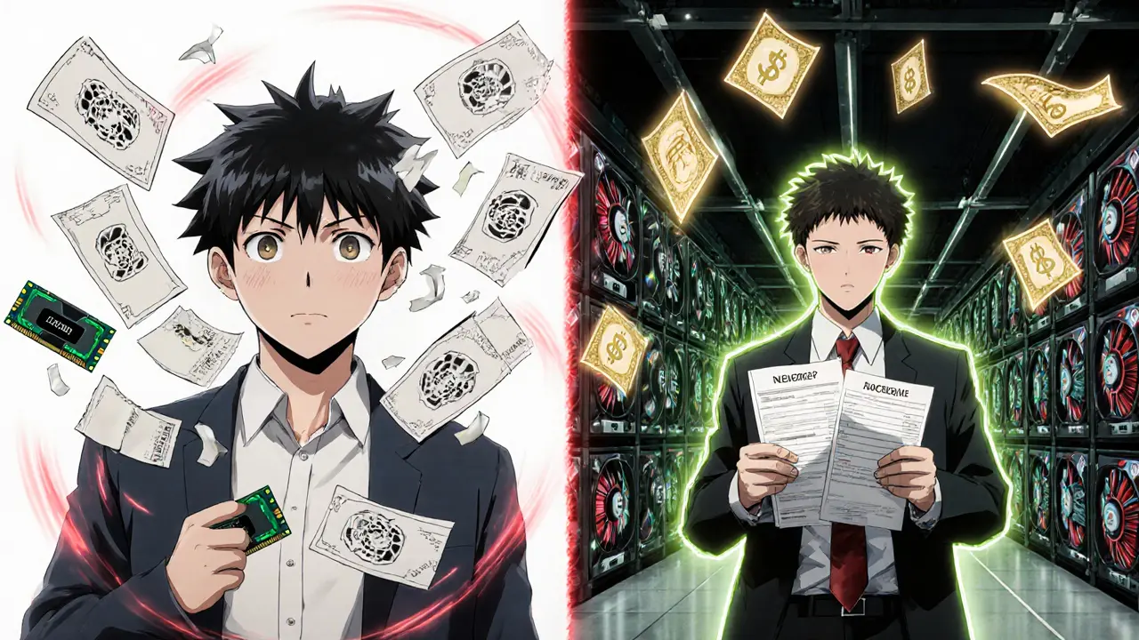 Contrasting scenes: a hobby miner with one GPU vs. a business miner in a high-tech warehouse with receipts glowing.