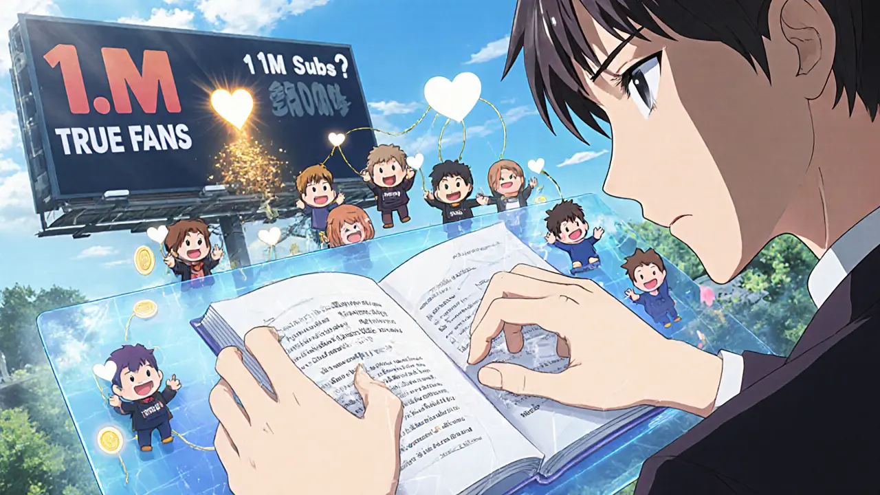 Creator crafting a digital product surrounded by 5,000 supportive fan avatars in anime style.