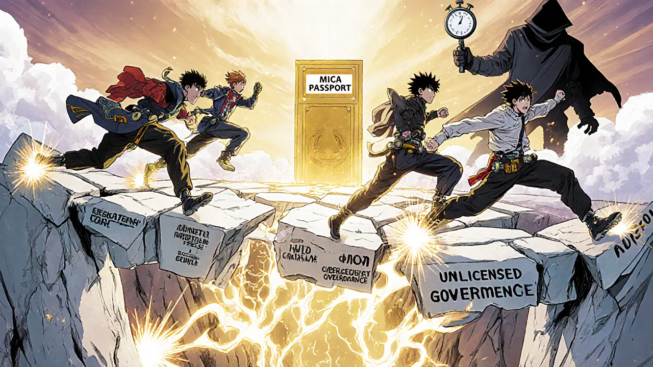 Crypto developers race across a collapsing bridge of regulations toward a golden MiCA passport portal, with compliance metrics powering their leap.