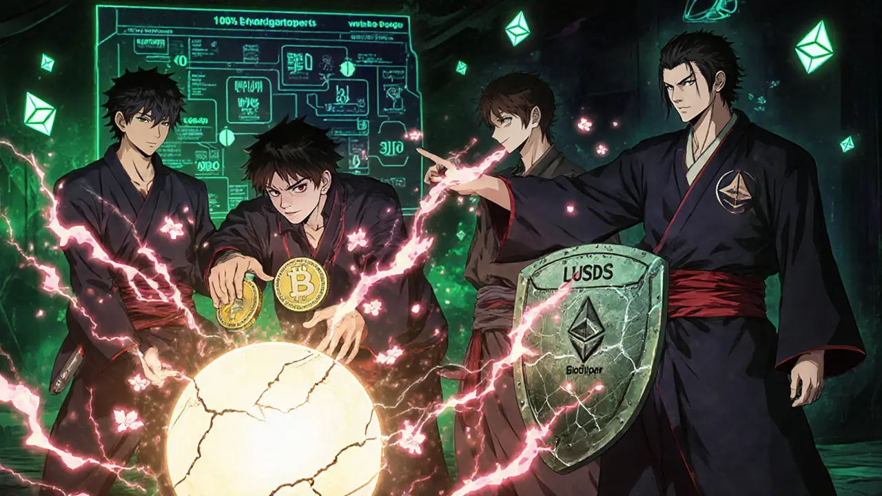 DeFi adventurers stake LQTY and deposit stablecoins, earning ETH rewards as cherry blossoms fall in a neon-lit dojo.