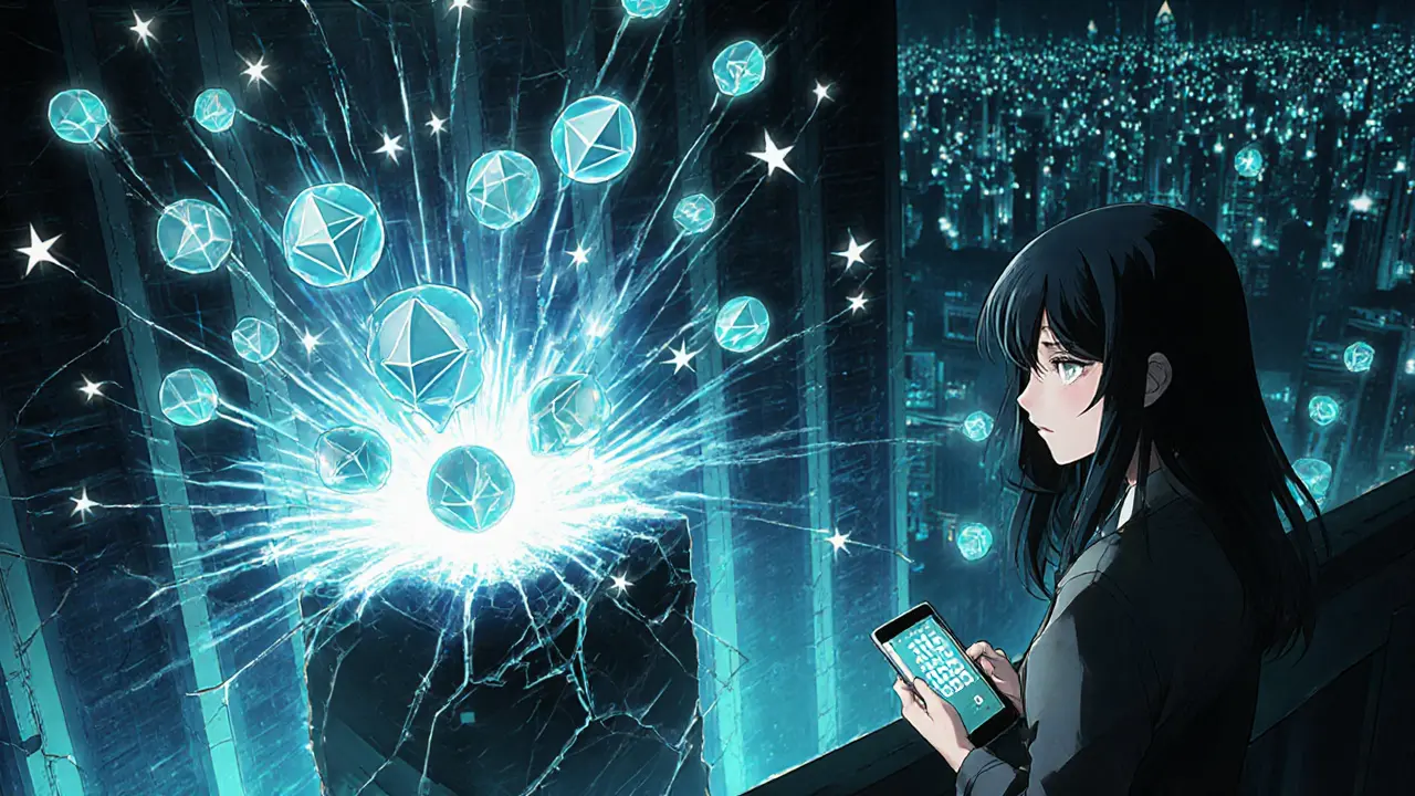 Ethereum&#039;s bulky servers shatter as sleek Verkle Tree proofs zoom toward a mobile phone in a neon metropolis.