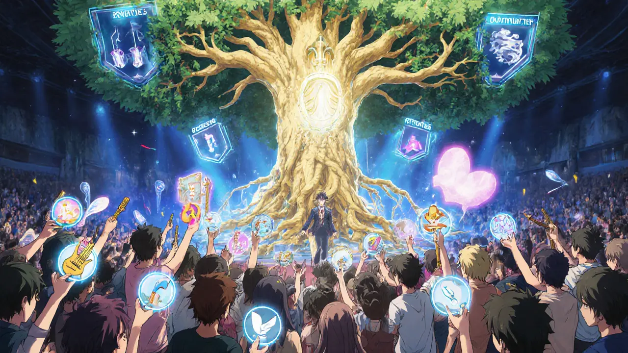 Fans in a virtual concert hall holding NFTs that become musical instruments, beneath a blockchain tree labeled with community values.