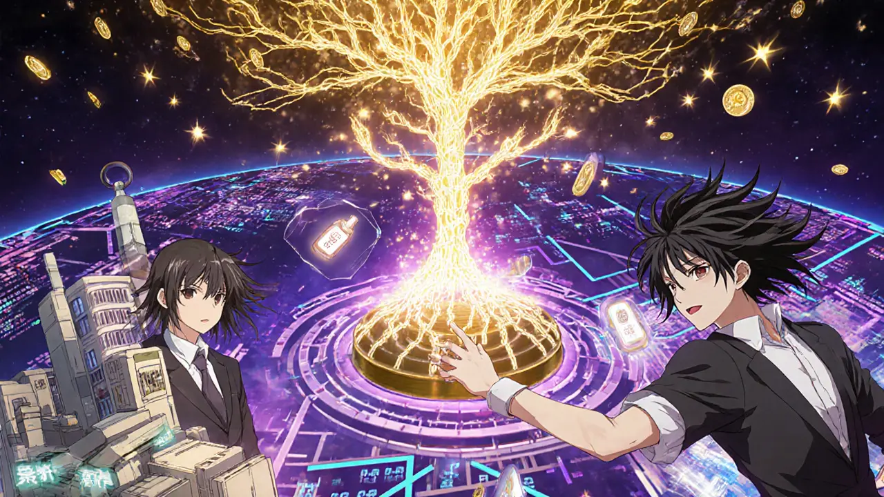 Global scenes of Merkle Trees verifying vaccines, bank audits, and games, with a post-quantum shield forming against a looming quantum computer.