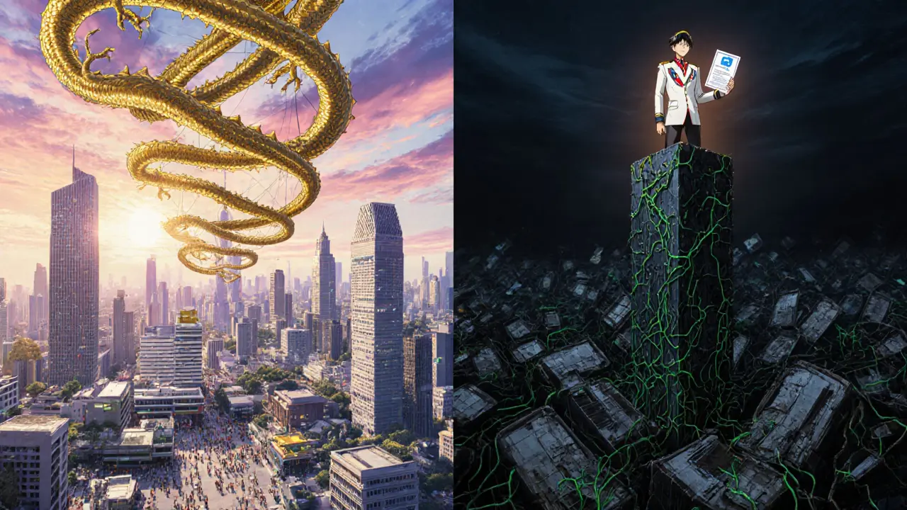 Golden G-Tokens rise like dragons above licensed exchanges, while banned platforms crumble below.