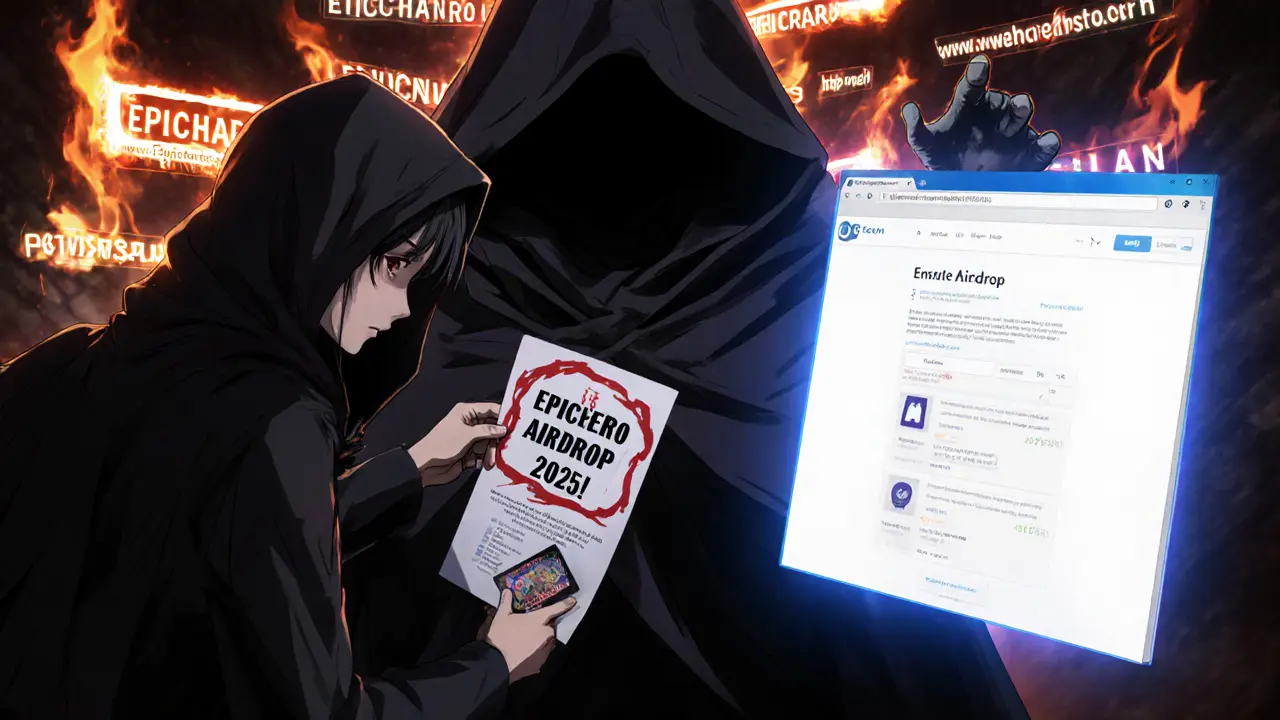 Hero defending his real NFT from a scammer holding a fake airdrop poster, with official BSCScan visible in the background.