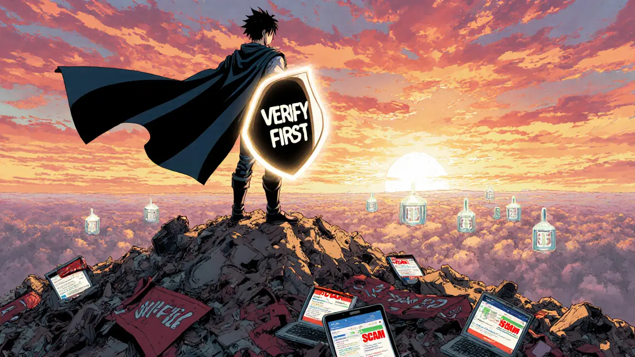 Hero standing on a mountain of fake exchanges, shielding truth as real platforms shine in distance.