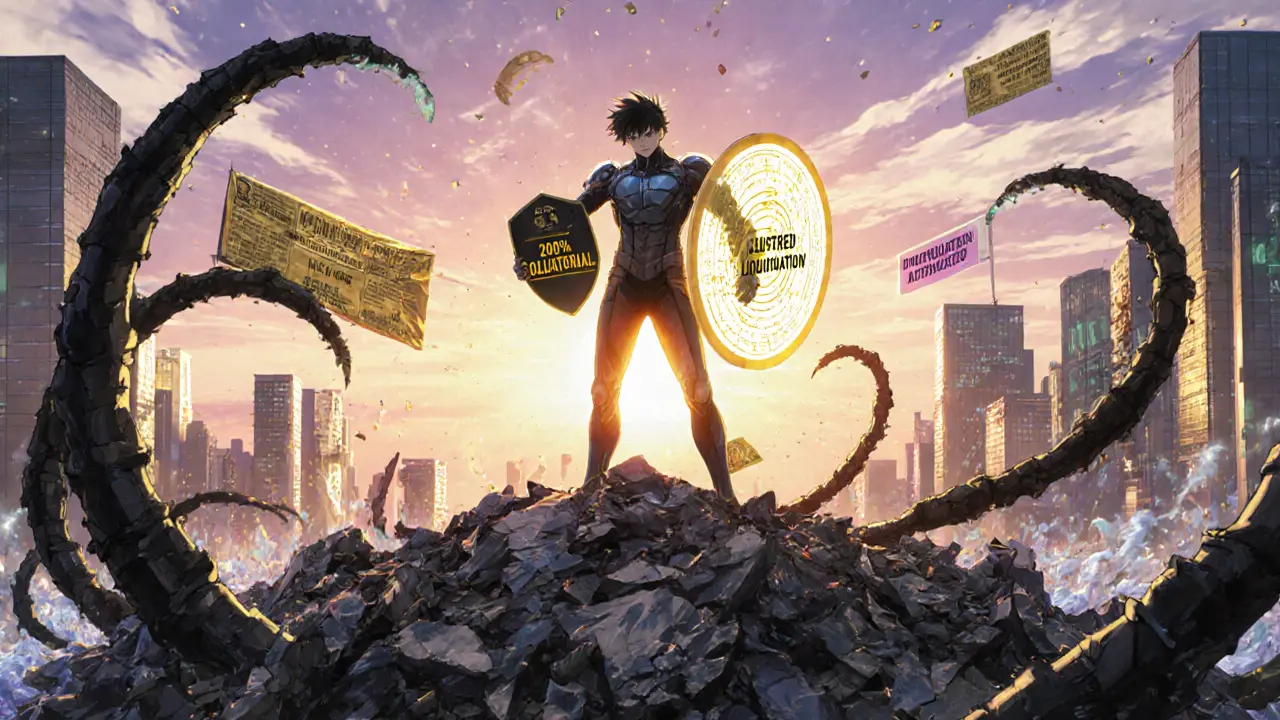 Heroic trader standing atop shattered positions, protected by a 200% collateral shield against liquidation waves.