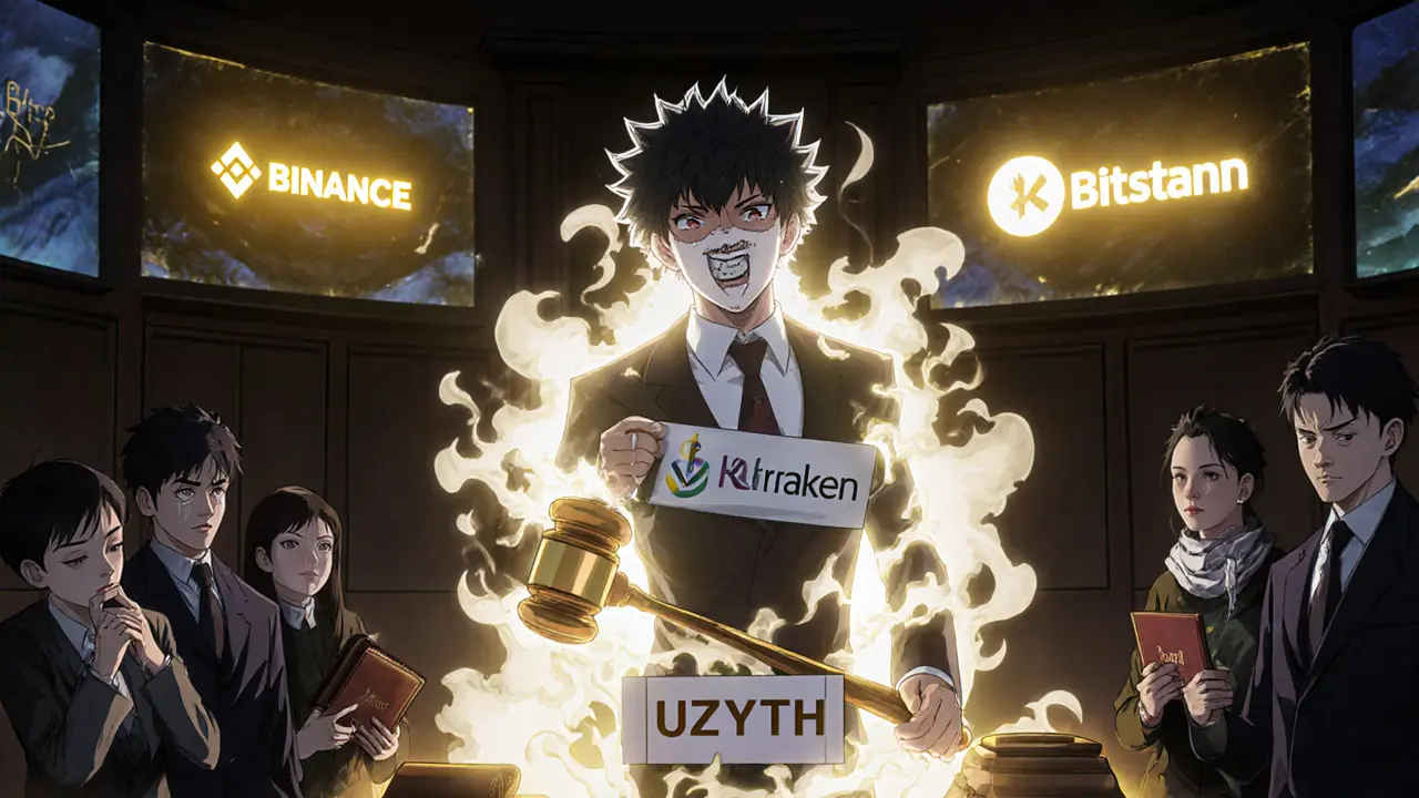 Judge smashing a fraud banner while verified exchanges glow behind in a courtroom scene.