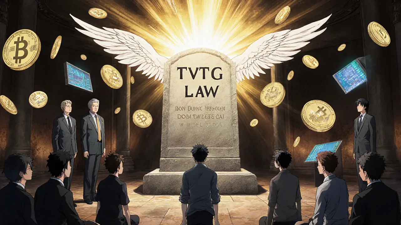 Mentors Don Tapscott, Jimmy Wales, and Yat Siu guide young traders before a glowing TVTG law tablet.