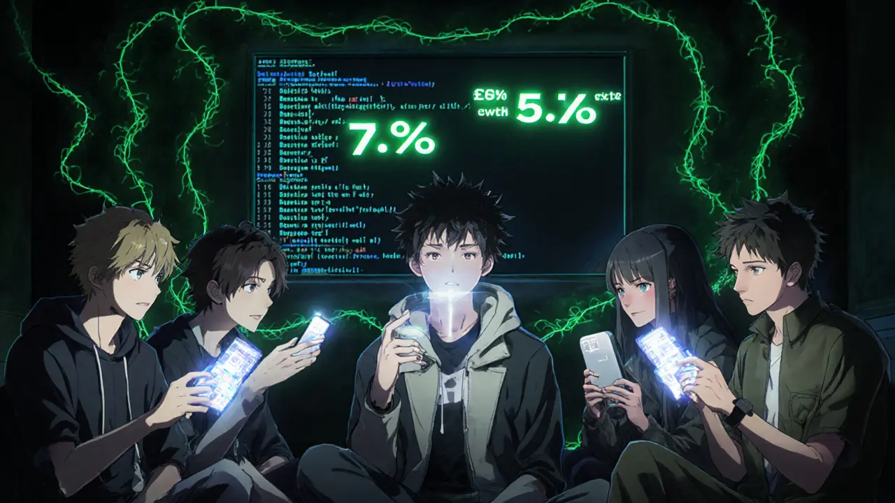 Players watching holographic BNB earnings notifications on their wallets in a dark room with glowing smart contract code.