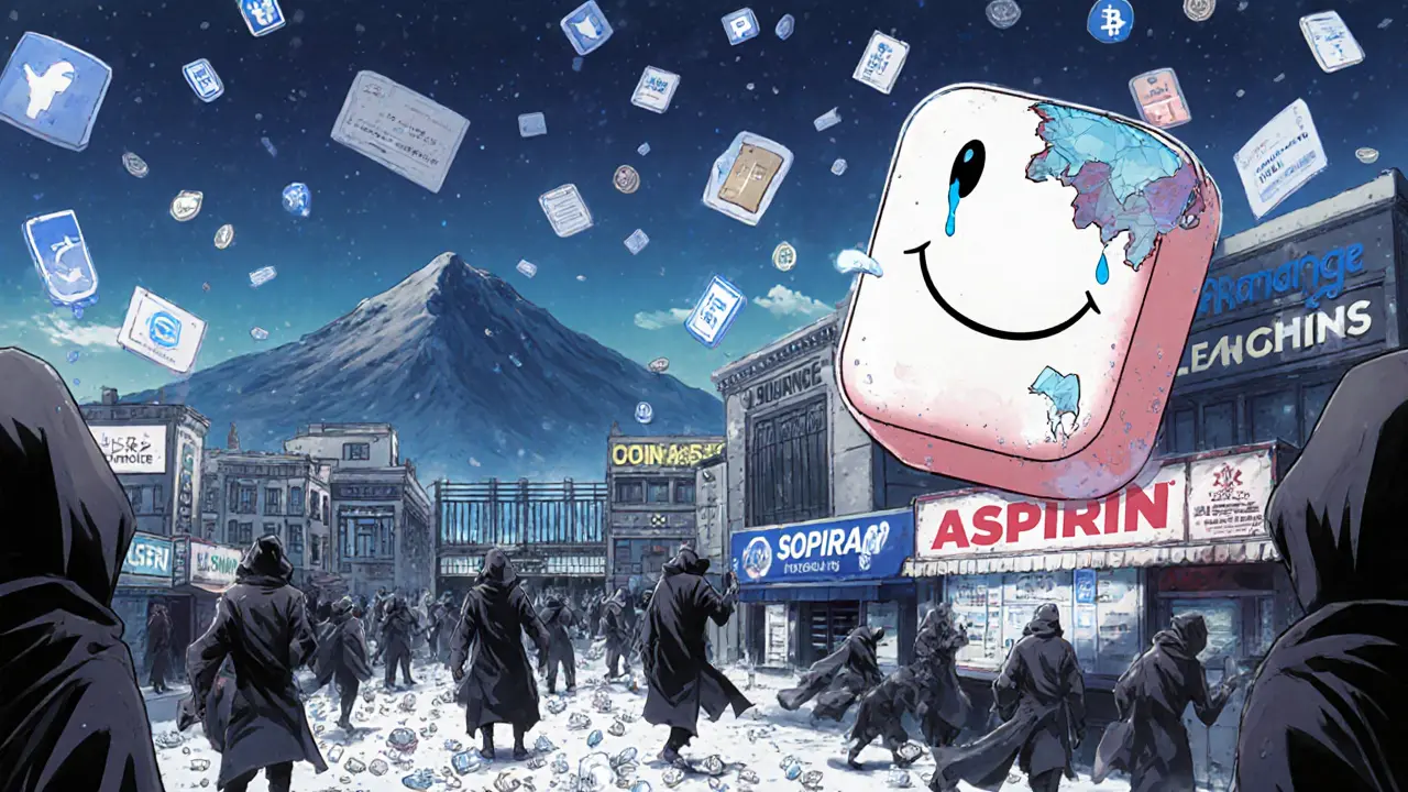 Shadowy traders exchange crumbling ASPIRIN tokens in a digital marketplace as a mascot disintegrates.