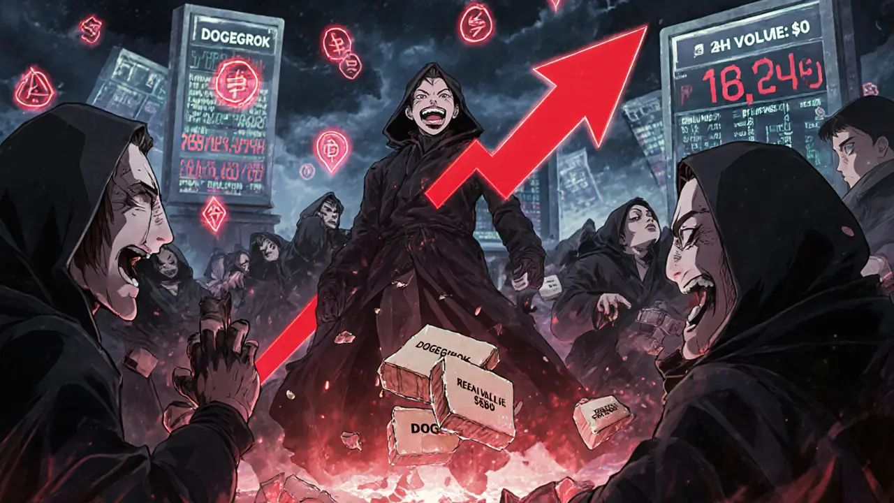 Shadowy traders frenzy over fake price spikes while a &#039;ZERO VOLUME&#039; warning glows above them.