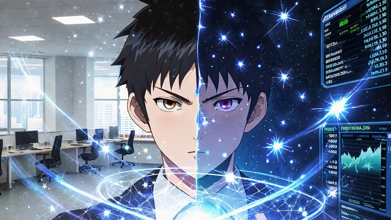 Trader activating a holographic DeFi Terminal with limit orders and Uniswap pools swirling around.