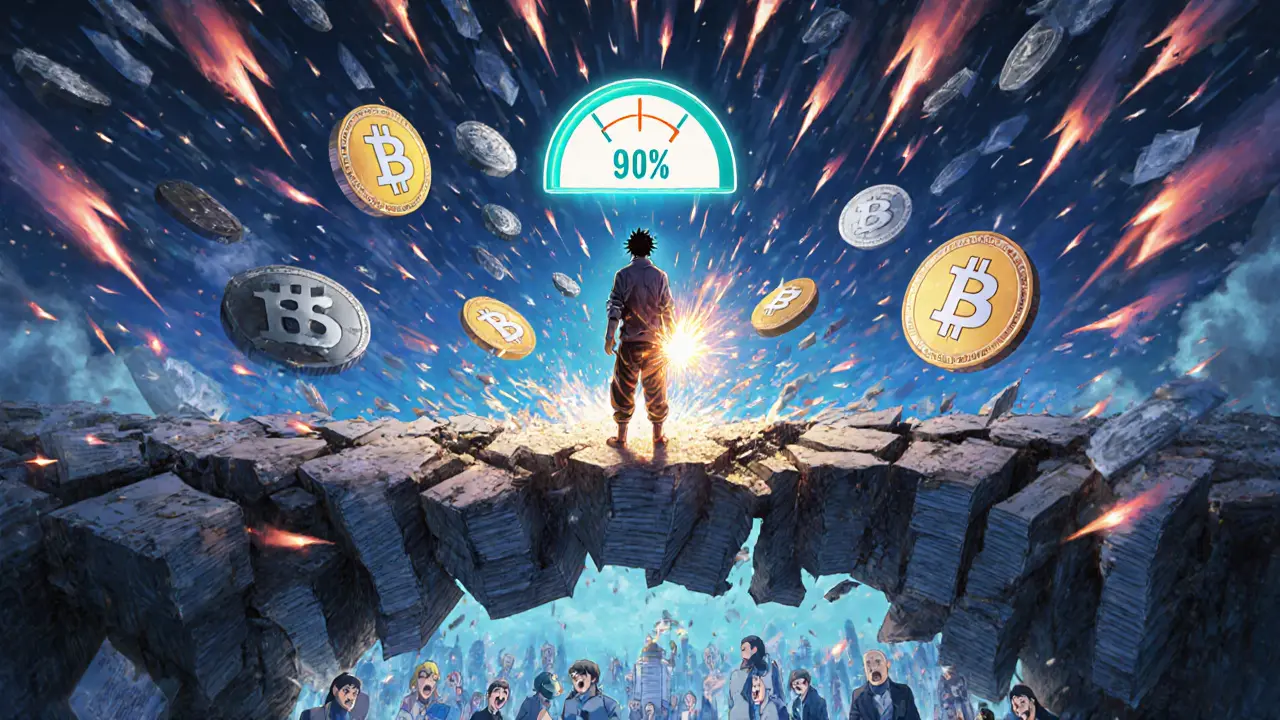 Trader on a crumbling order book bridge as liquidation arrows rain down and collateral ratio drops.