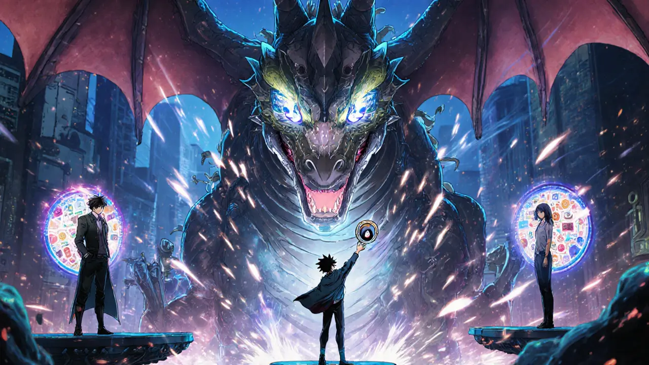 Traders exchange tokens across chains as a sentient oracle dragon watches social trends in real time.