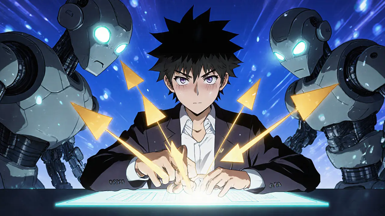 Two robotic bots sandwich a trader’s transaction, squeezing their DAI into profit as price arrows surge around them.