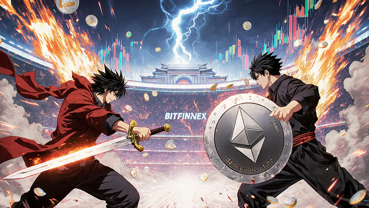 Two traders battling in a digital arena with price candles and margin calls exploding in the sky.