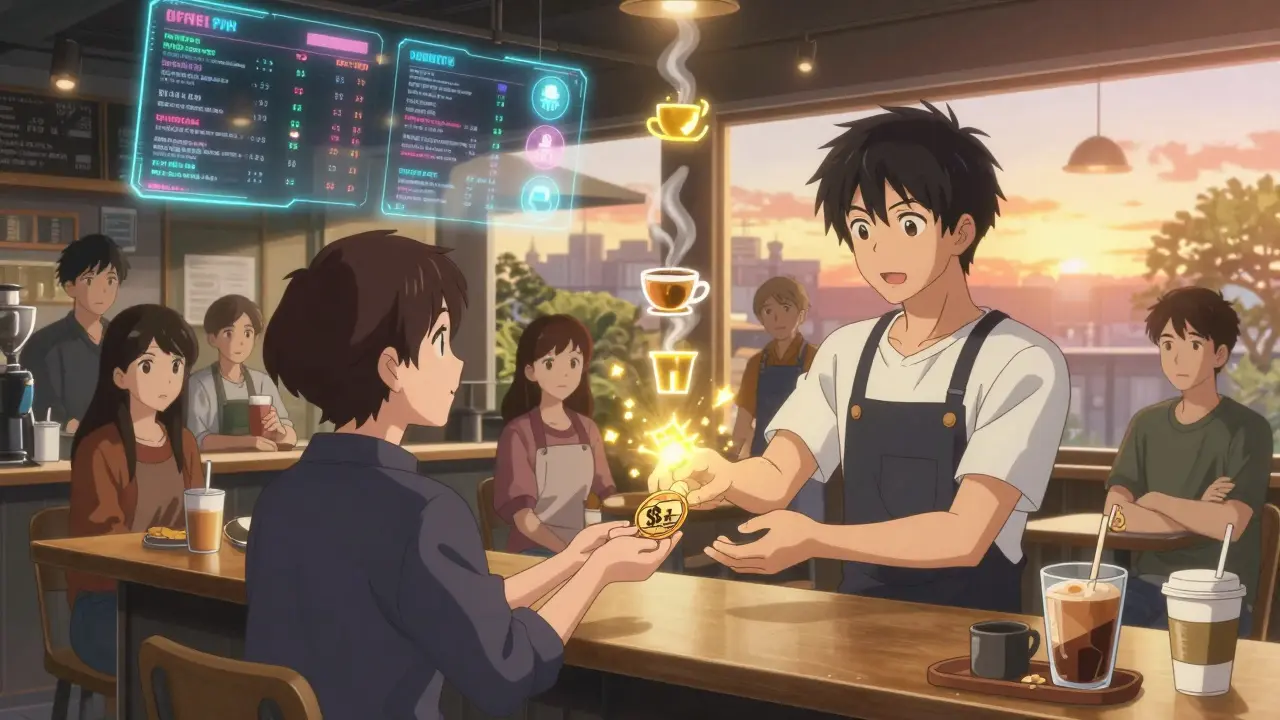 A coffee shop owner gives a social token to a customer, transforming the shop into a vibrant community hub.