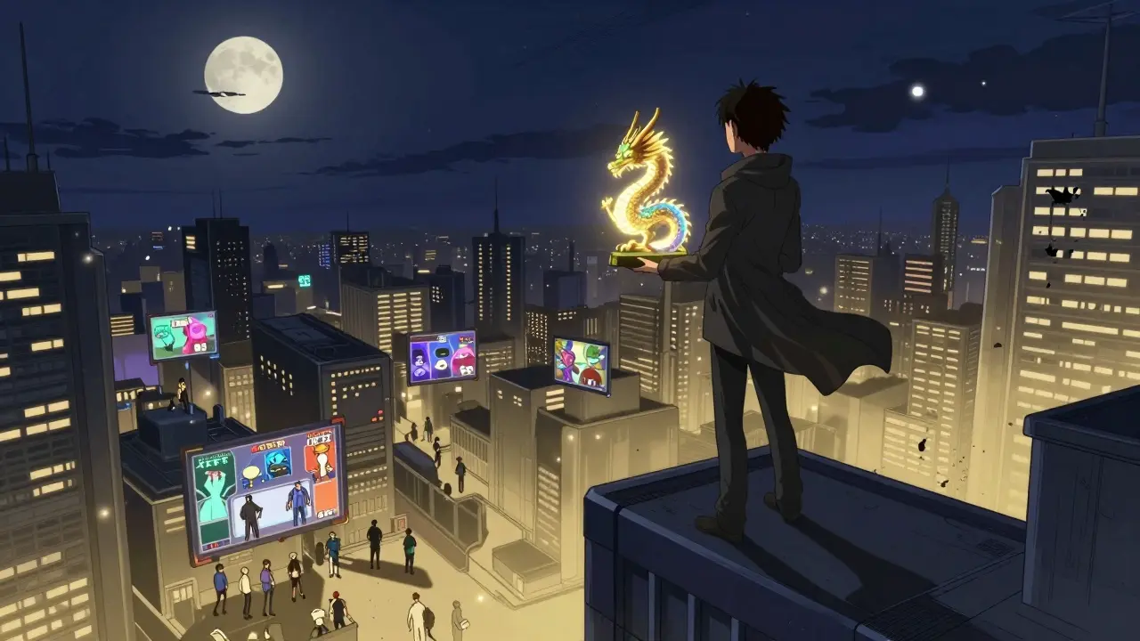 A collector atop a cyberpunk skyscraper holding a glowing NFT dragon as digital trade screens glow below.